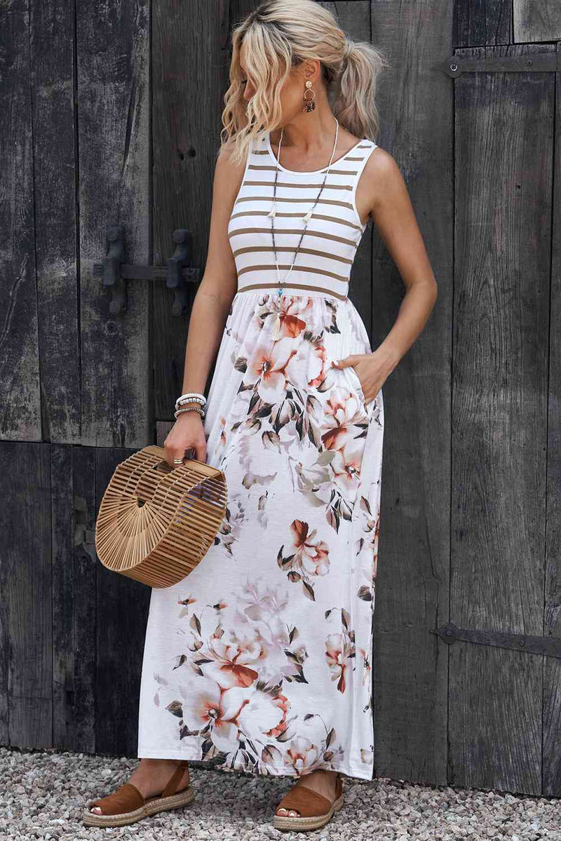 Rosie Striped Floral Round Neck Sleeveless Maxi Dress