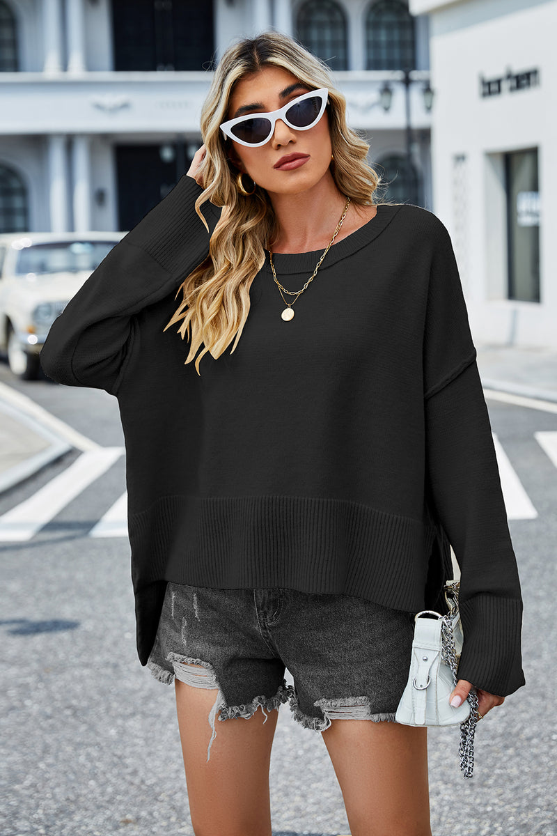 Daniella Round Neck Dropped Shoulder Slit Sweater