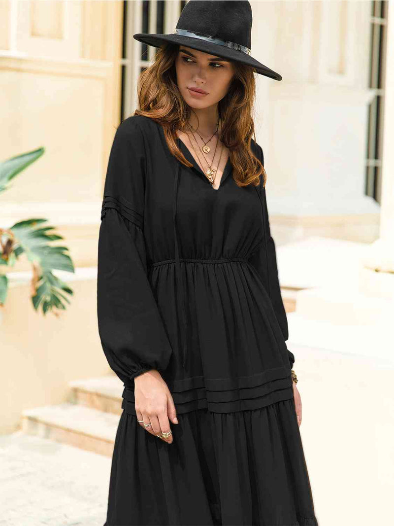 Mona Tie Neck Long Sleeve Midi Tiered Dress