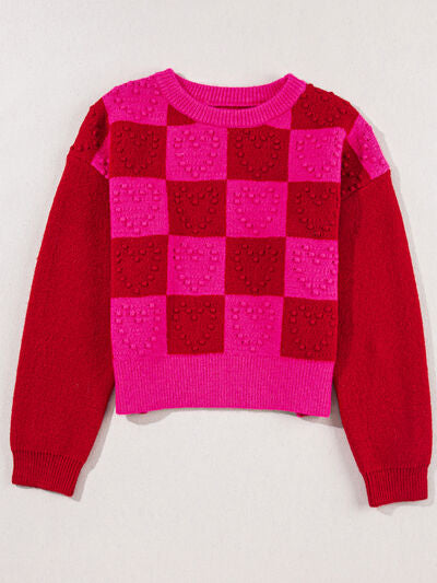 Chelsey Plaid Heart Round Neck Sweater