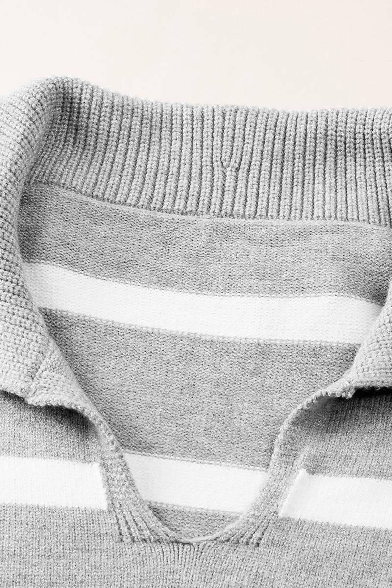 Thea Striped Collared Neck Slit Sweater