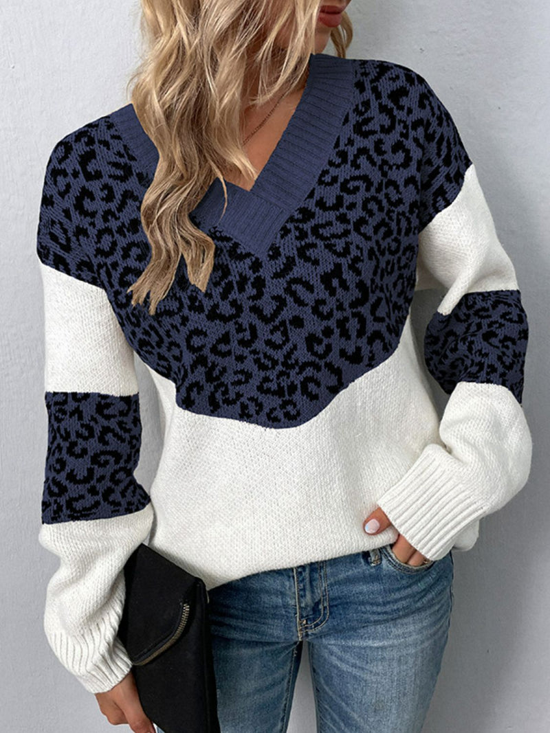 Rosaline Leopard V-Neck Dropped Shoulder Sweater