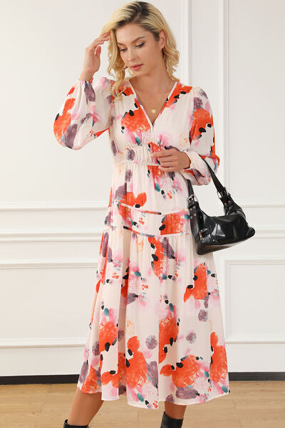 Shona Printed V-Neck Balloon Sleeve Dress