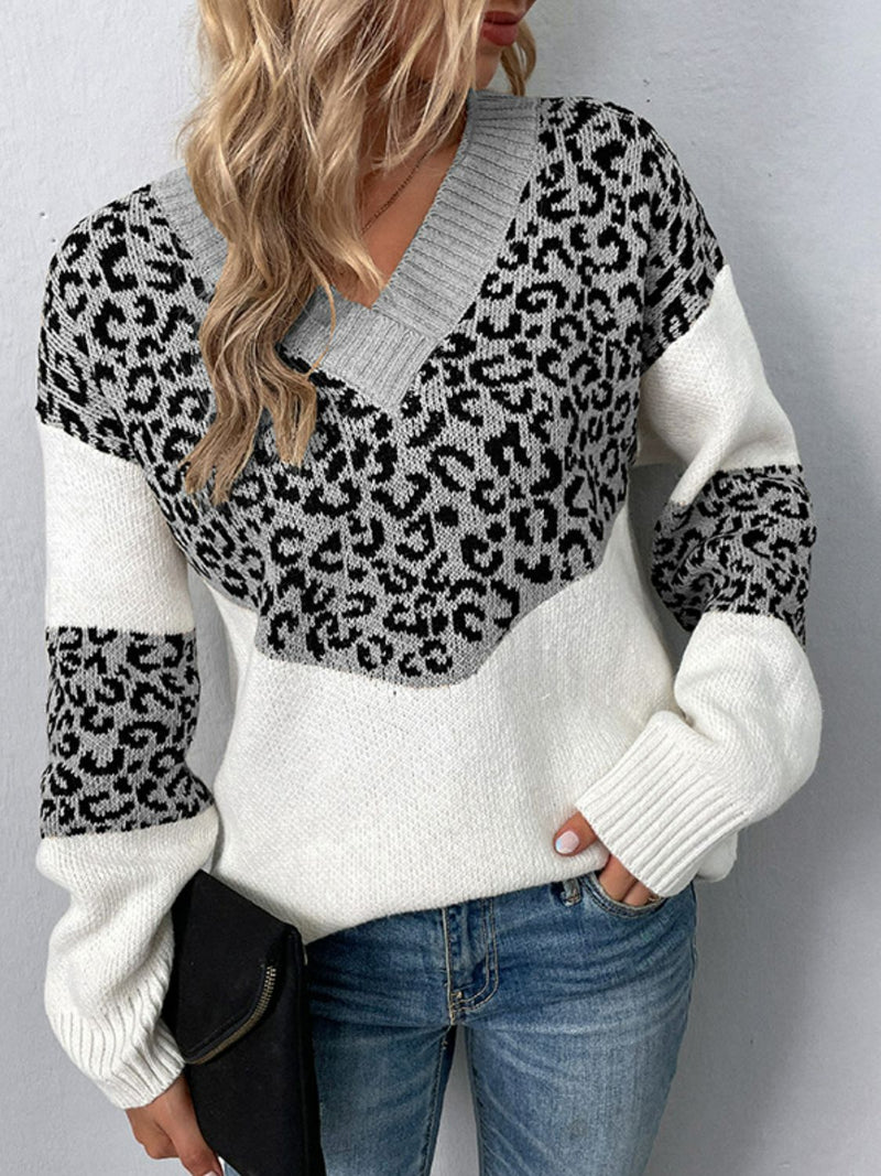 Rosaline Leopard V-Neck Dropped Shoulder Sweater