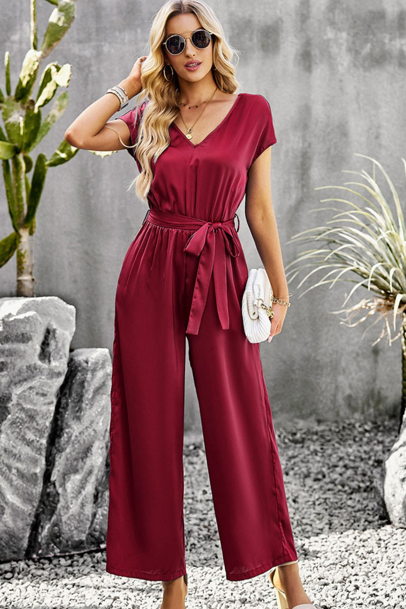 Jonas Tie Belt V-Neck Short Sleeve Jumpsuit