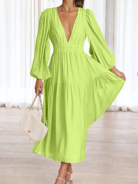 Tristan Deep V-Neck Balloon Sleeve Plain Maxi Dress