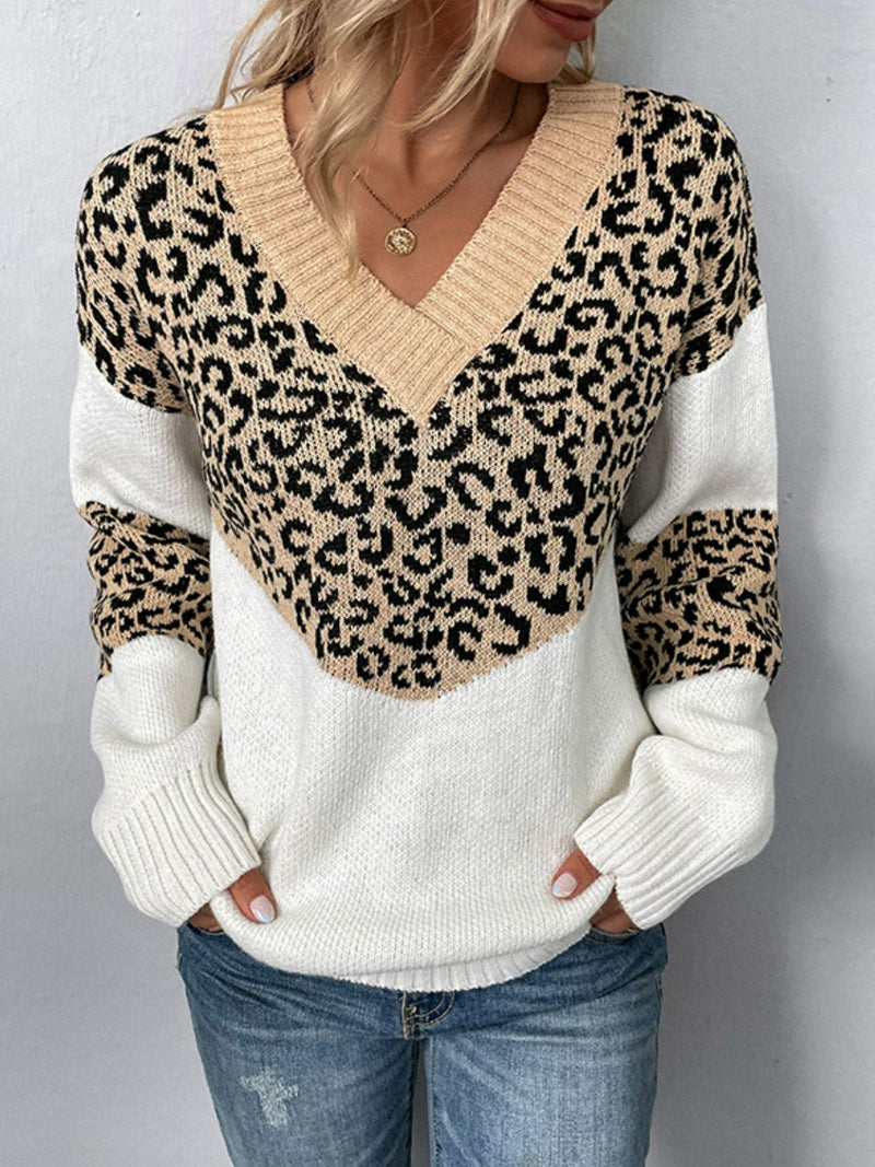 Rosaline Leopard V-Neck Dropped Shoulder Sweater