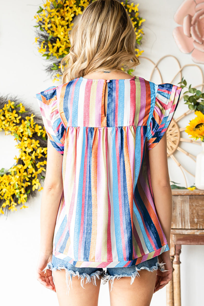 Mya Multicolored Stripe Flutter Sleeve Blouse