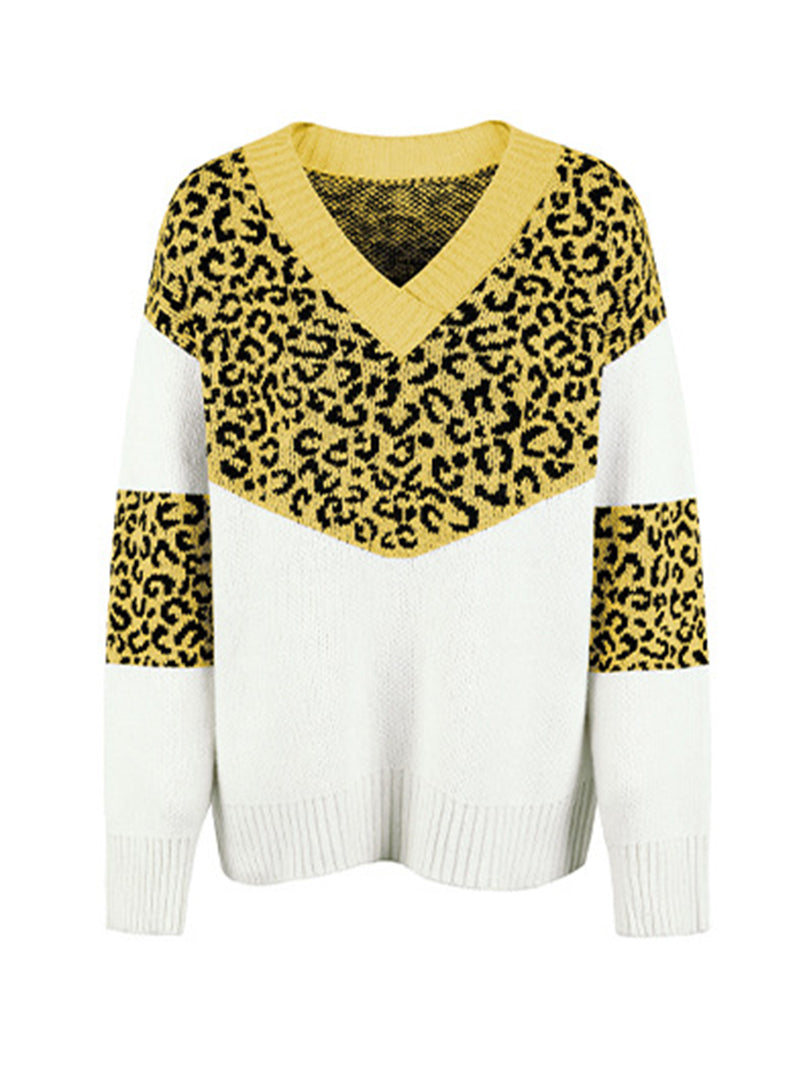 Rosaline Leopard V-Neck Dropped Shoulder Sweater