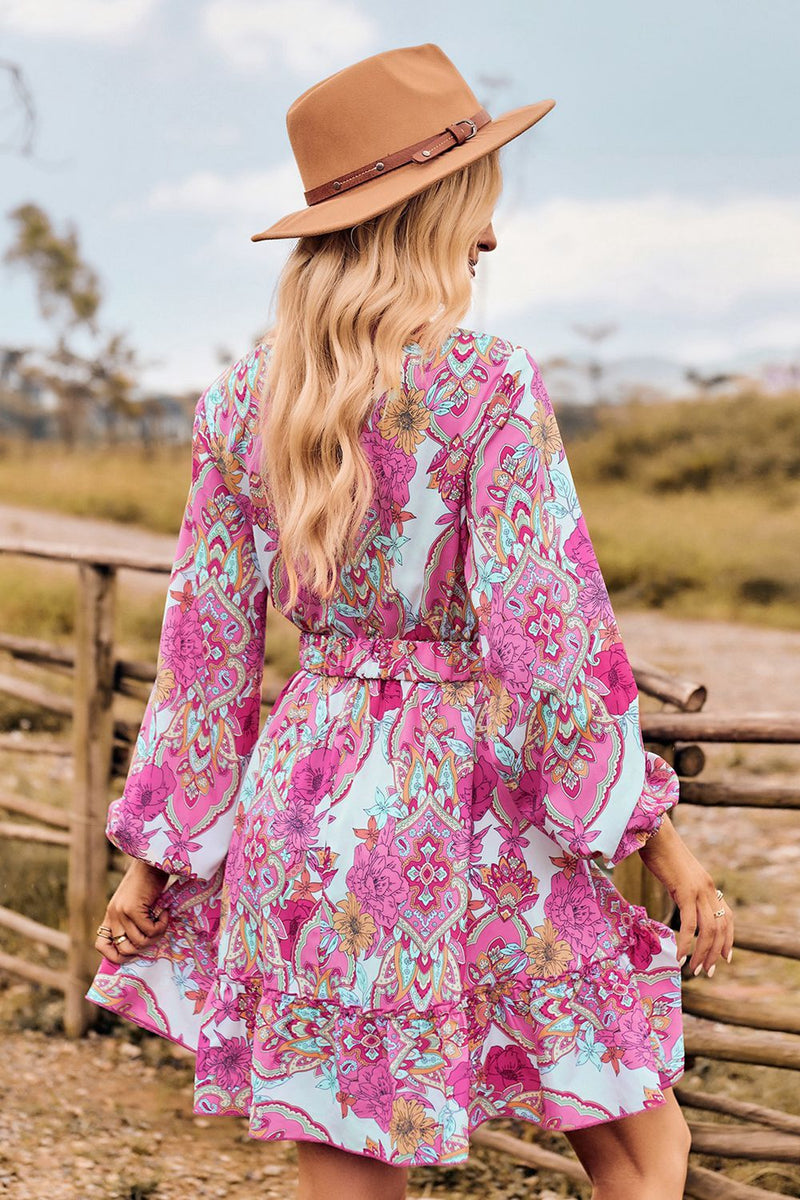 Sparrow Printed Surplice Neck Long Sleeve Dress