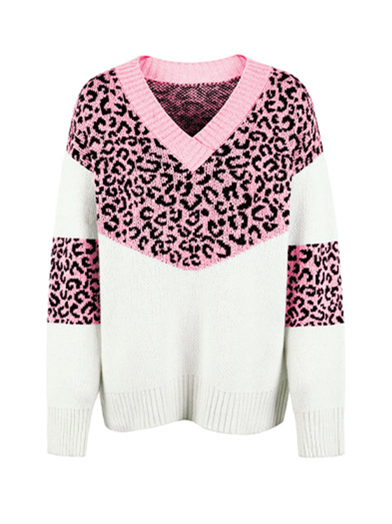 Rosaline Leopard V-Neck Dropped Shoulder Sweater