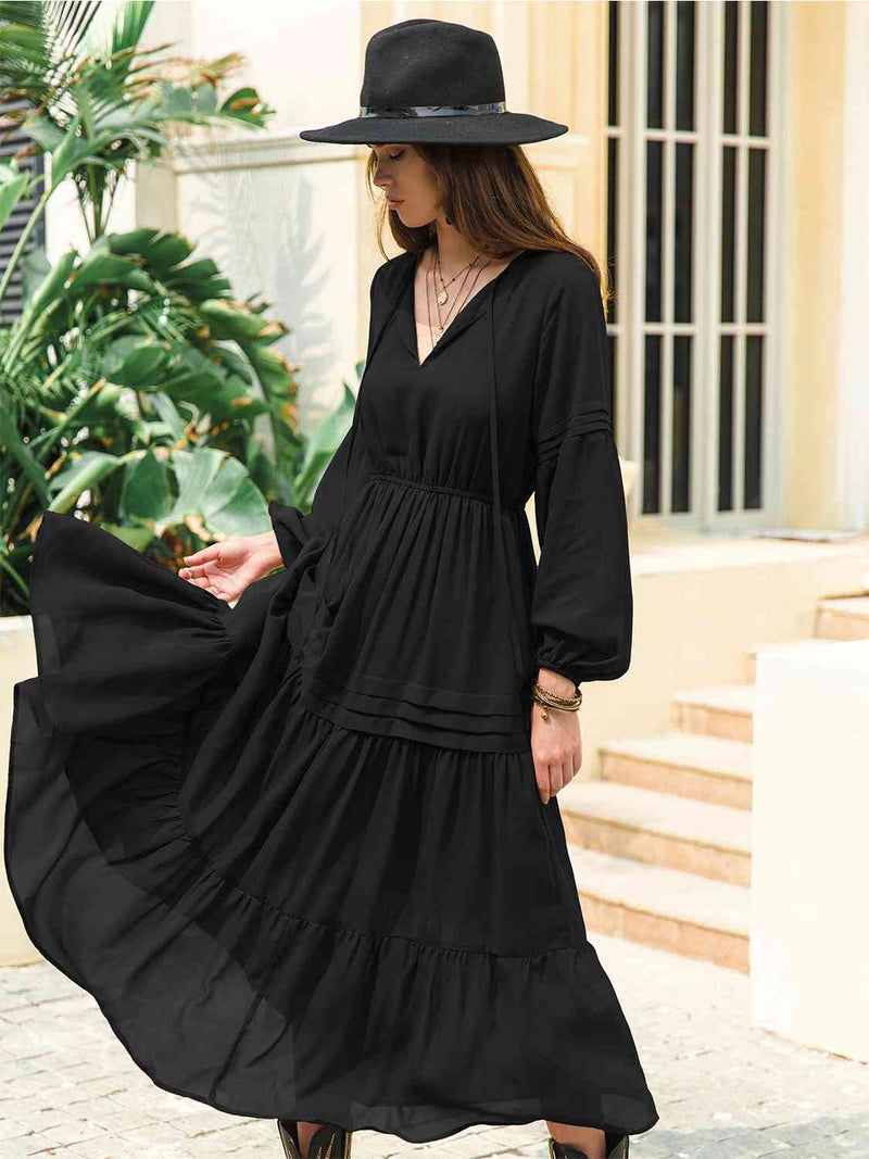 Mona Tie Neck Long Sleeve Midi Tiered Dress