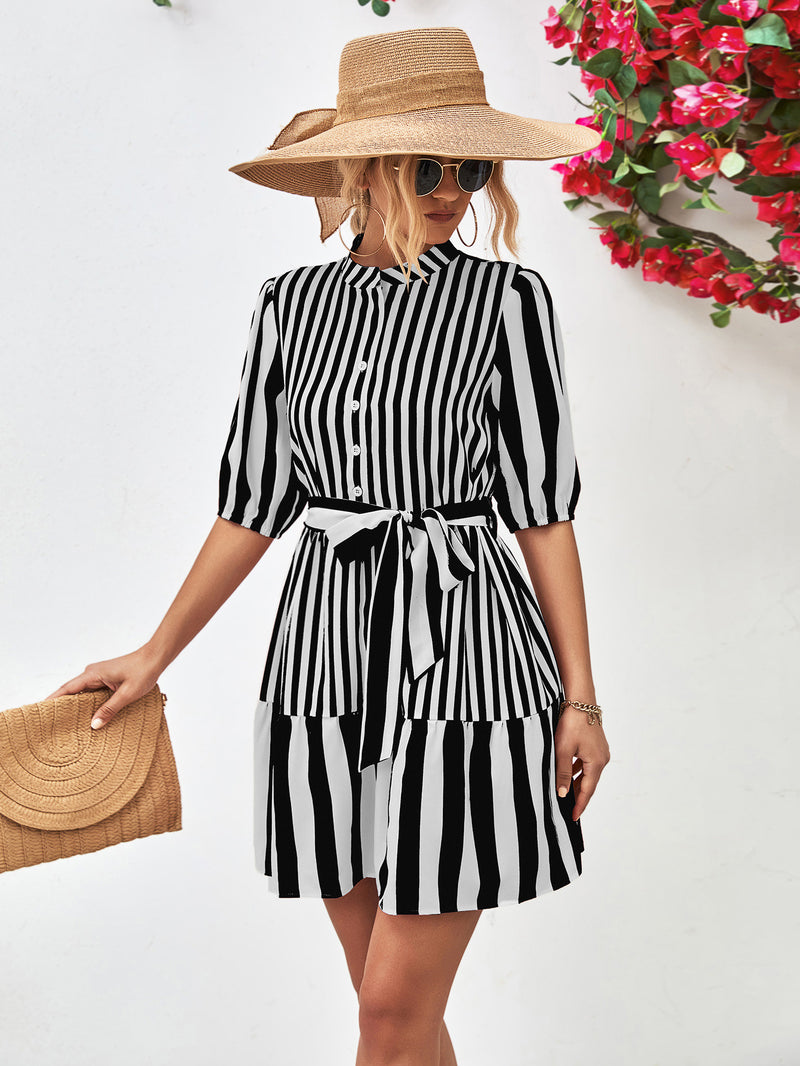 Niccola Striped Half Sleeve Tie Waist Mini Dress