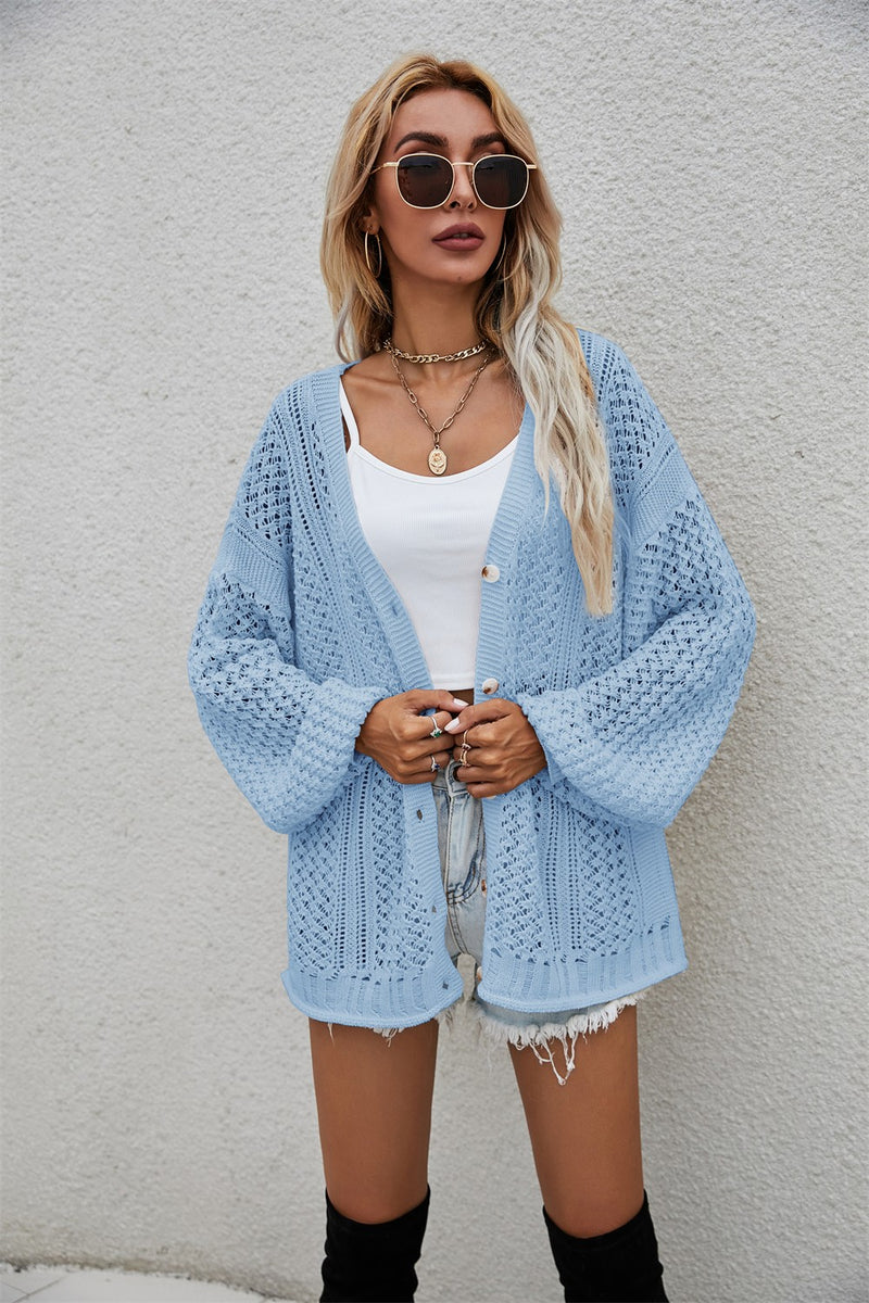 Katie Openwork V-Neck Dropped Shoulder Cardigan