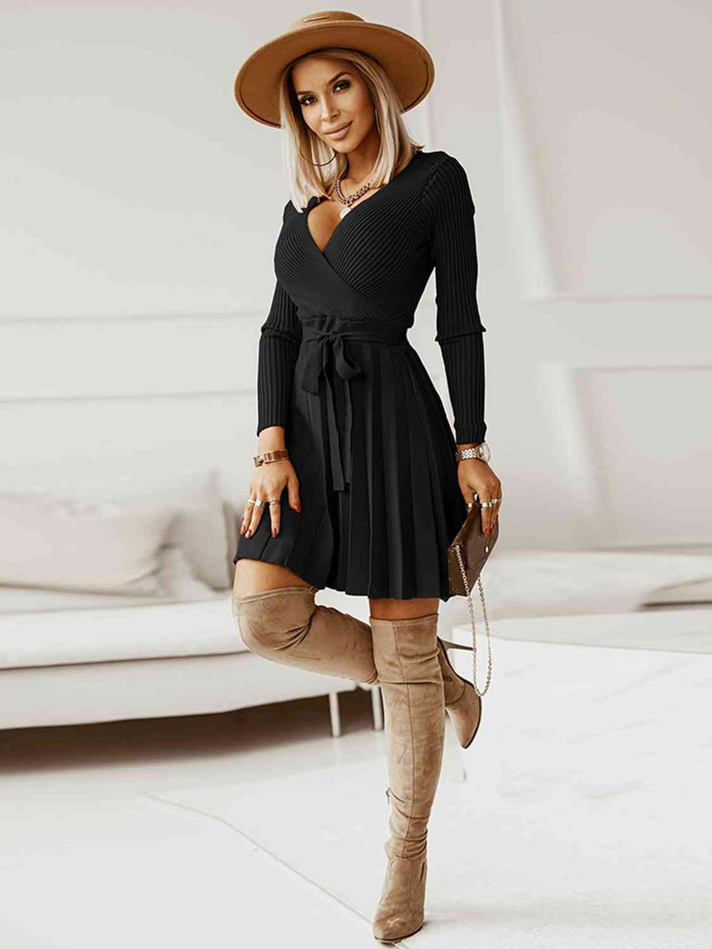 Ryah Surplice Neck Tie Front Pleated Sweater Dress