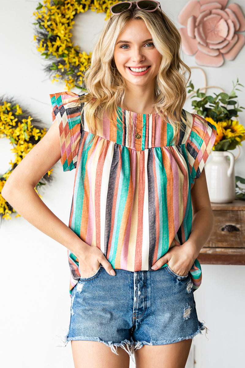 Mya Multicolored Stripe Flutter Sleeve Blouse