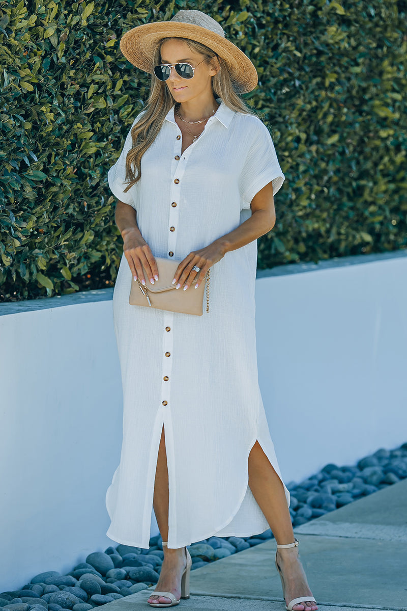 Jenni Textured Button Down Slit Shirt Dress