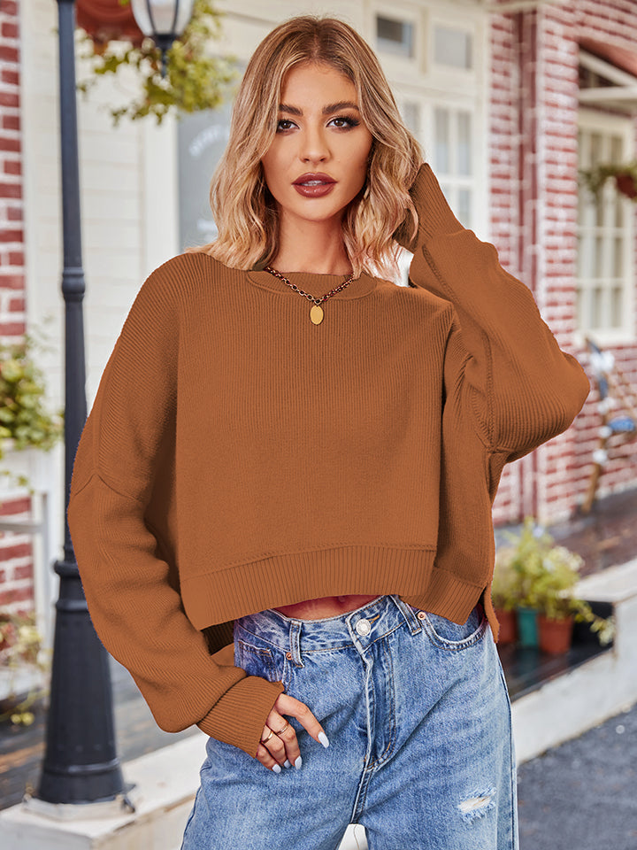 Sailor Dropped Shoulder Round Neck Long Sleeve Knit Top