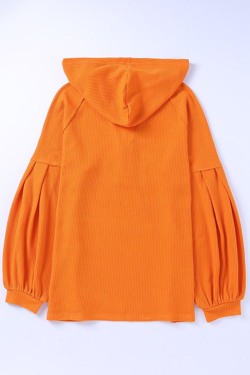 Trina Puff Sleeve Side Slit Buttoned Waffle Knit Hoodie