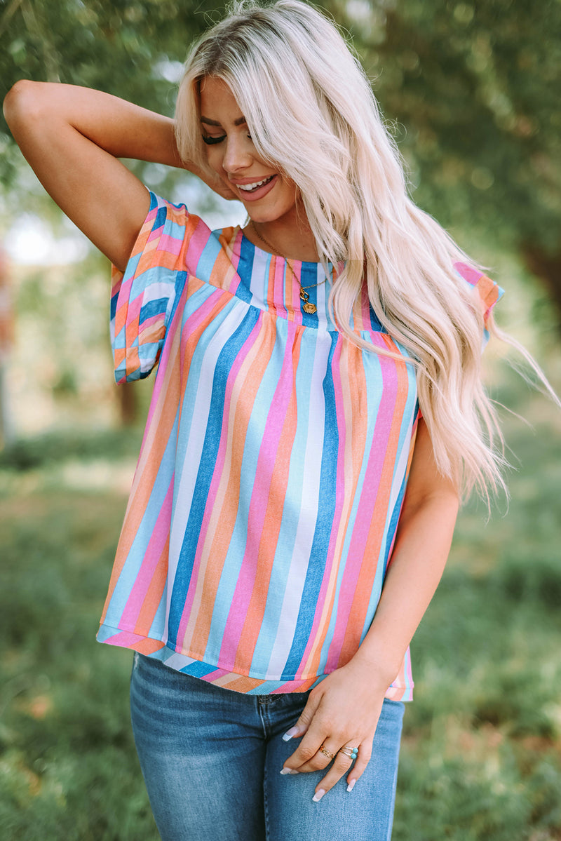 Mya Multicolored Stripe Flutter Sleeve Blouse