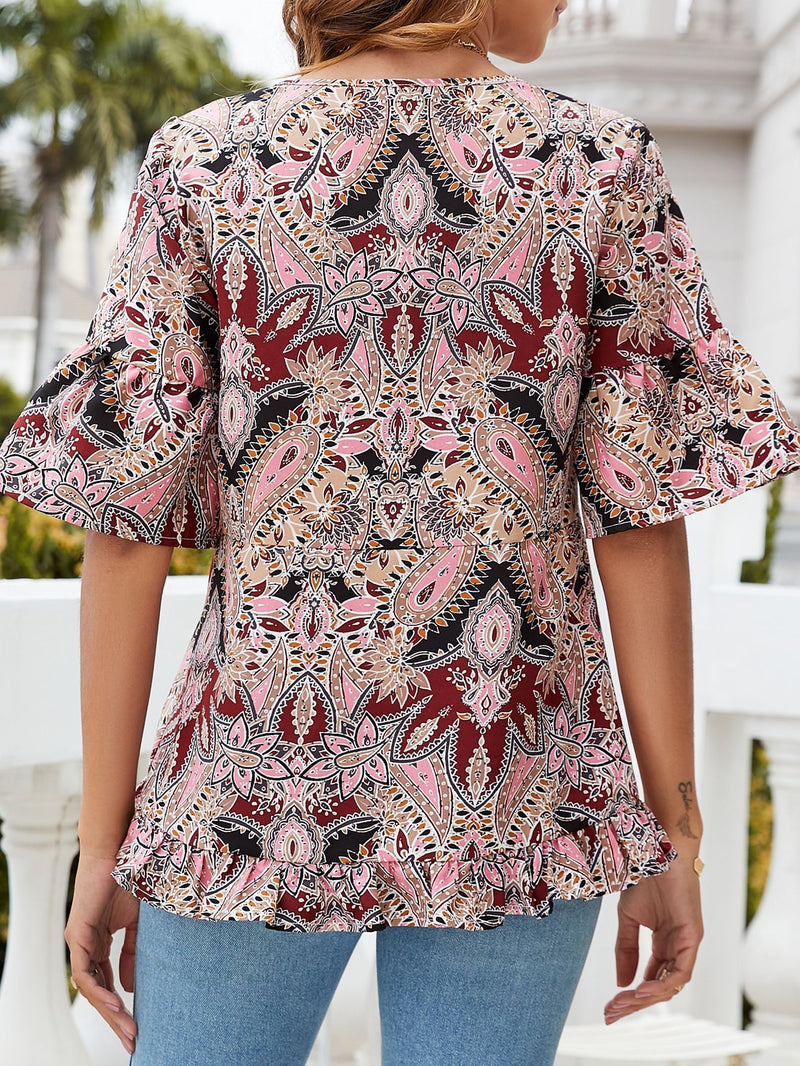 Rosella Printed Flounce Sleeve Ruffle Hem Blouse