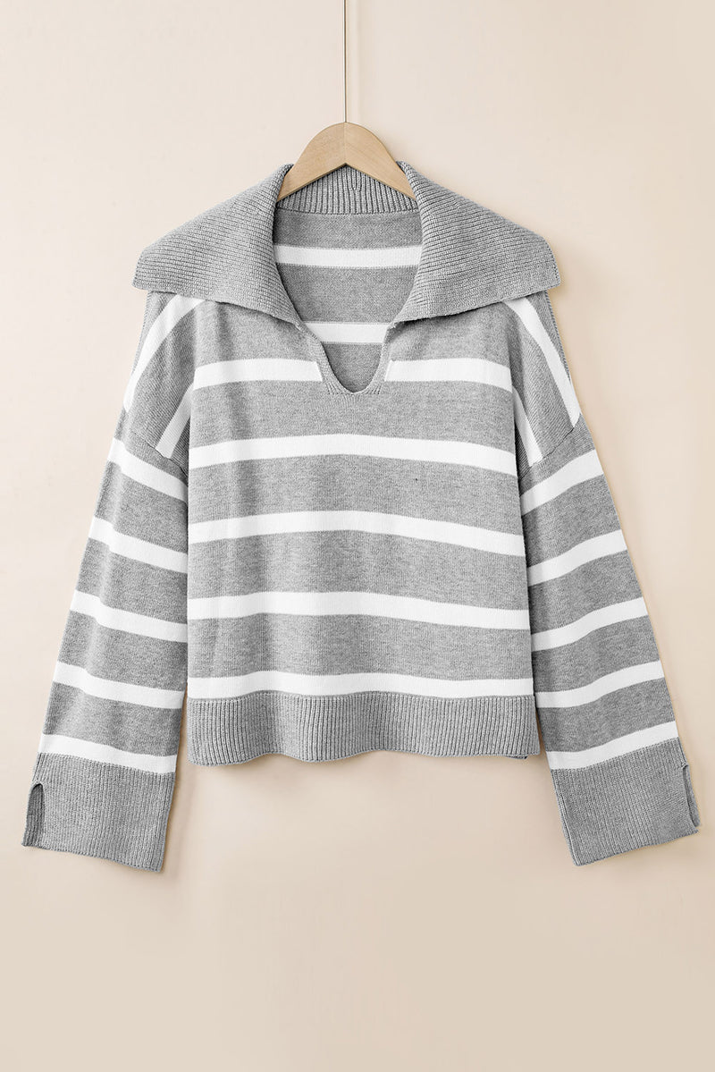 Thea Striped Collared Neck Slit Sweater