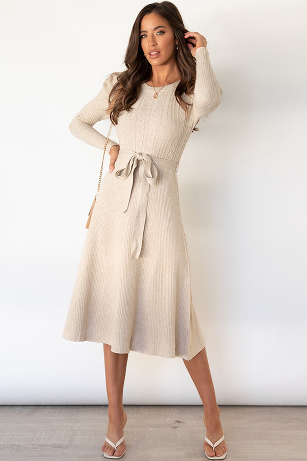 Ryan Round Neck Long Sleeve Tie Waist Sweater Dress