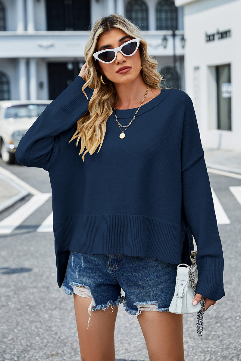 Daniella Round Neck Dropped Shoulder Slit Sweater