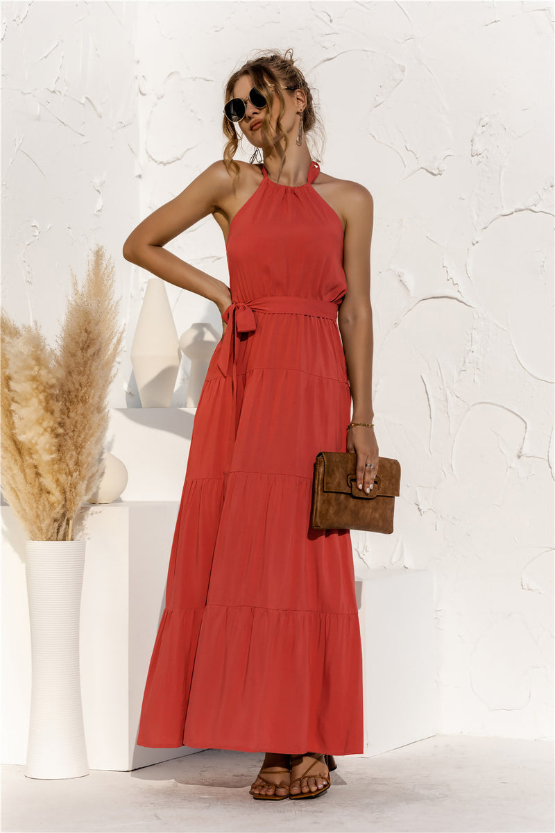 Porsha Halter Neck Tie Waist Tiered Maxi Dress