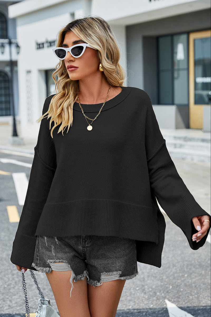 Daniella Round Neck Dropped Shoulder Slit Sweater