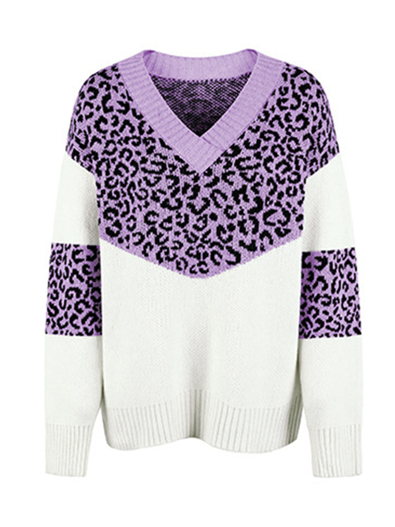 Rosaline Leopard V-Neck Dropped Shoulder Sweater