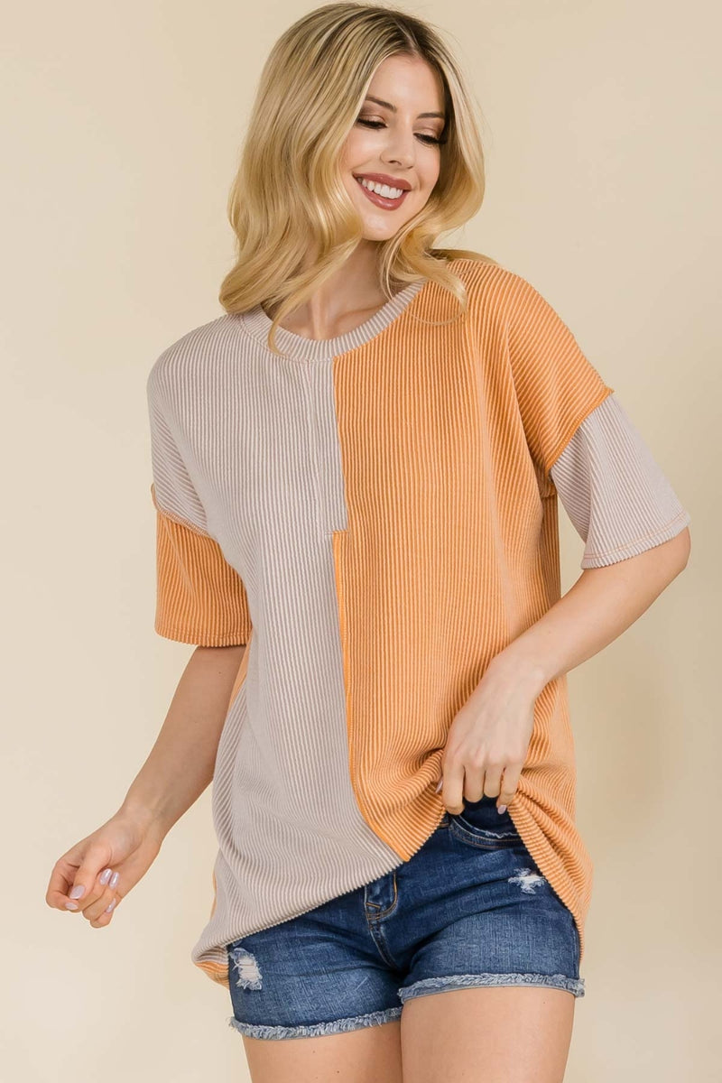 Gerry Full Size Ribbed Color Block Short Sleeve T-Shirt