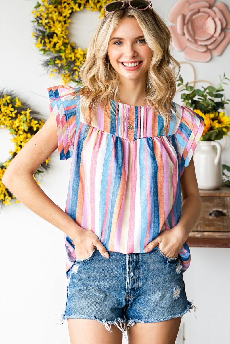 Mya Multicolored Stripe Flutter Sleeve Blouse