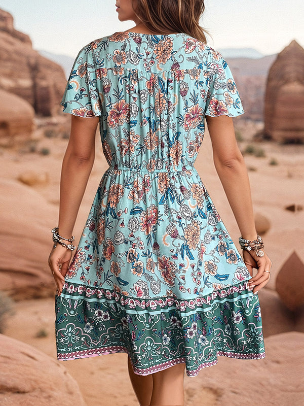 Brandy Printed V-Neck Flutter Sleeve Dress