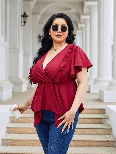 Kattera Plus Size Frill Surplice Flutter Sleeve Blouse