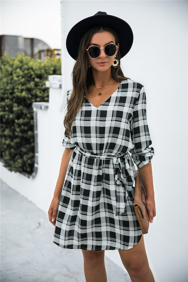 Ryn Plaid V-Neck Tie Waist Dress