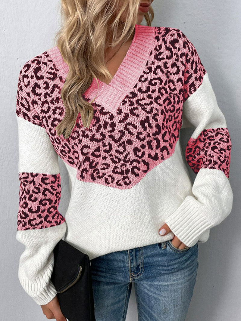 Rosaline Leopard V-Neck Dropped Shoulder Sweater